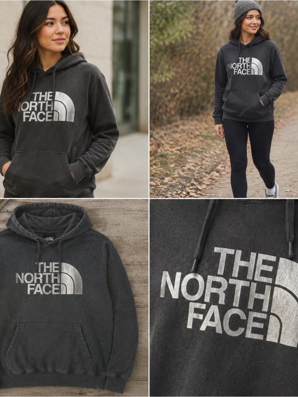 The North Face Hoodie Womens XL Black Silver Logo Pullover Sweatshirt Raglan
